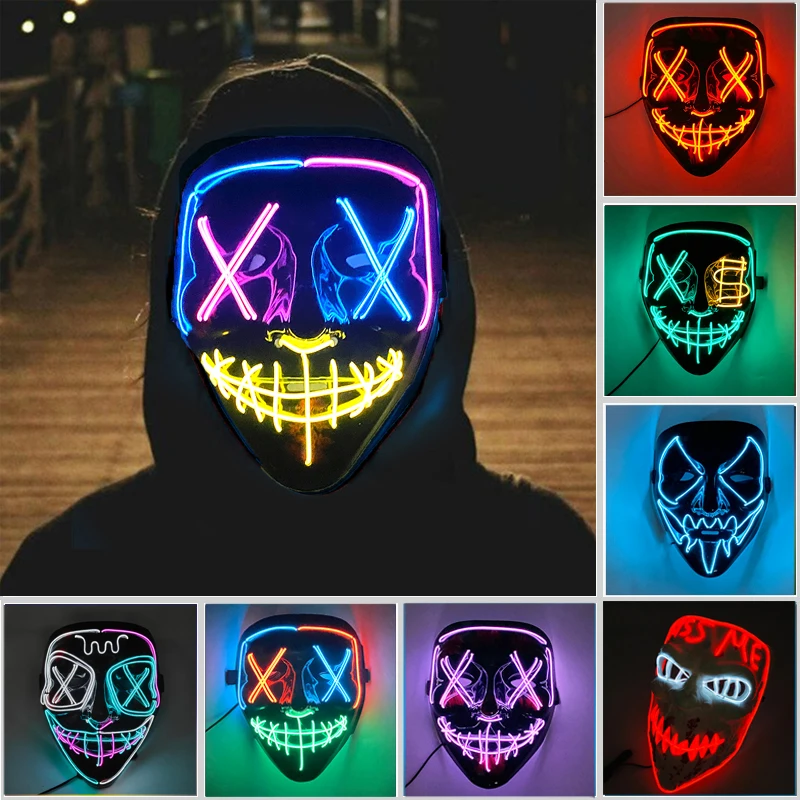 Hot Sale Halloween Glowing Scary Face Mask Luminous LED Purge Mask Neon Light Up Horror Mask Cosplay Costume Supplies