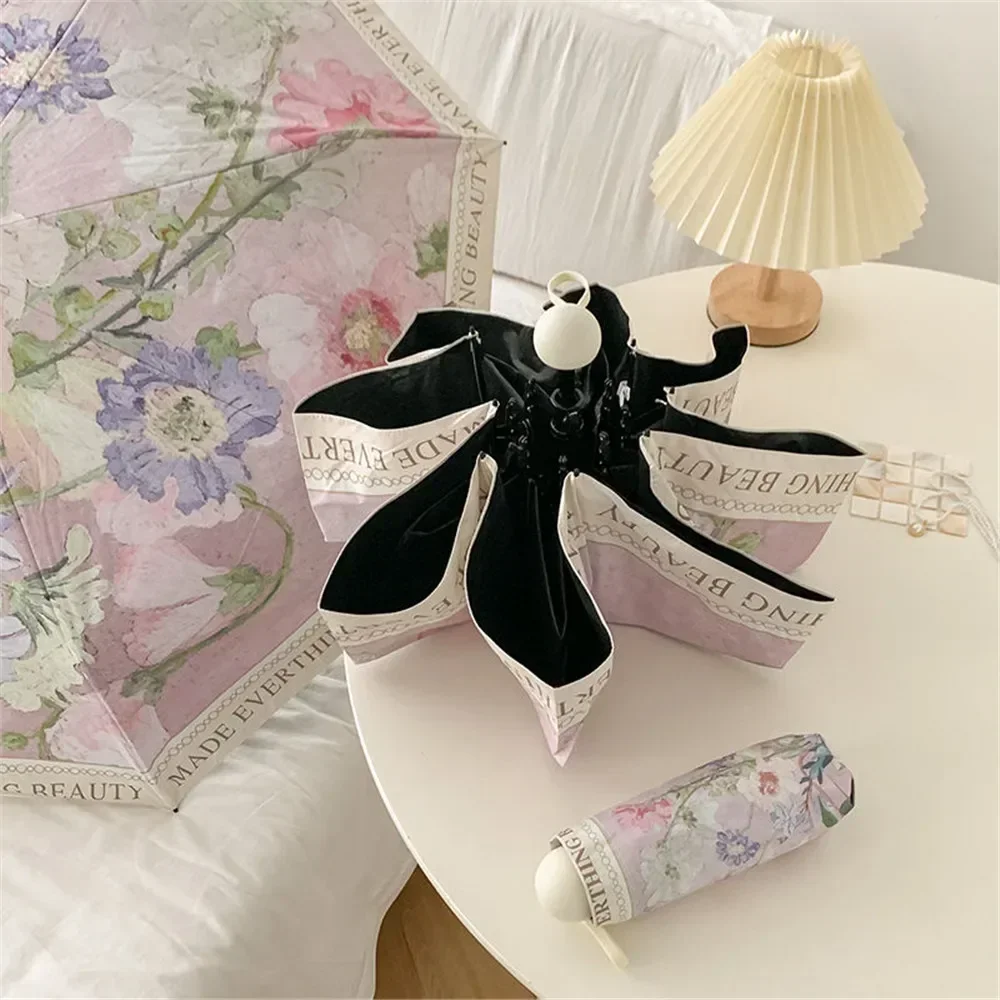 Umbrella Sunshade Protection UV Folding Advertisement Girl Parasol Flower Modern Luxury Retro Oil Painting Automatic Black Glue