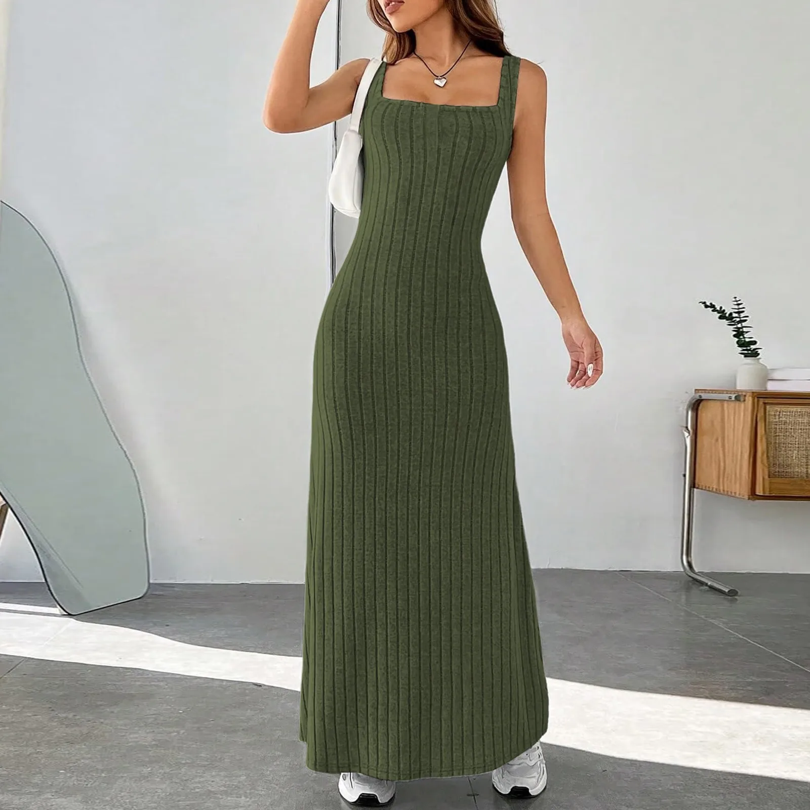 

Women'S Tank Dresses Autumn New Casual Fashion Pit Strip Sanding Dress Sexy Slim Fit Square Neck Daily All-Match Maxi Dress