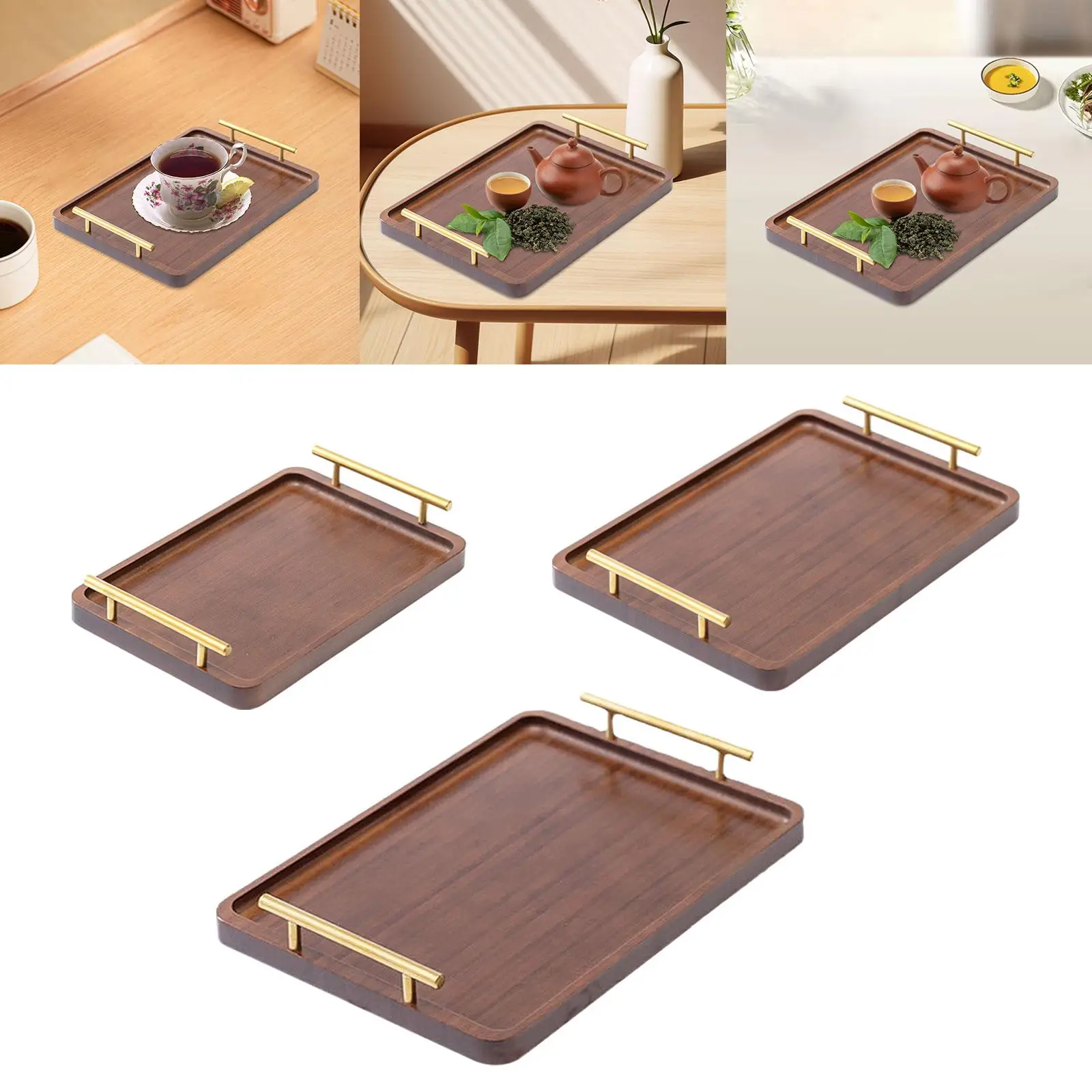 Wood Serving Tray with Metal Handles Modern Tea Tray Coffee Table Tray for Living Room Bathroom Table Decor Parties Counter