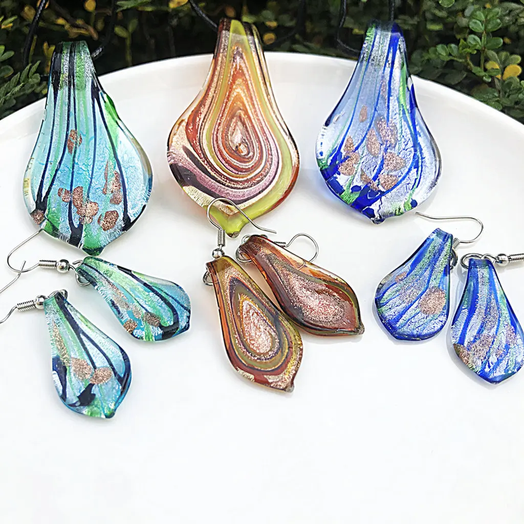 Fashion 3set   Glass Murano Floral Leaf Shape Pendant Necklace Earrings Jewelry Set Handmade Personalized Jewelry for Women