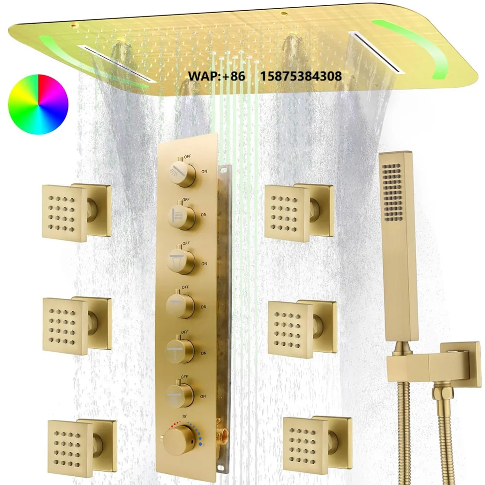 Brushed Gold Ceiling Mount 4 Functions LED Shower Head System 27.95inch Rainfall Thermostatic Shower Faucet Set Complete