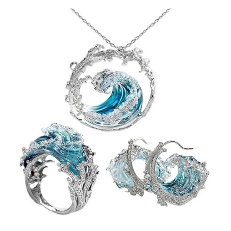 Romantic Elegant Ocean-Themed Friendship Jewelry Set for Women - Unique Matching Earrings Pendant Necklace & Ring for Daily Wear