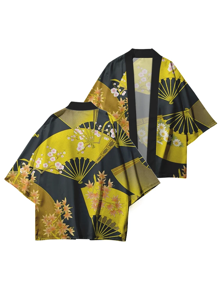 2024 NewFolding Fan Stampato Kimono delle Donne degli uomini di Harajuku Yukata Giapponese Veste di Modo Kimono di Strada Cosplay Cardigan Camicia
