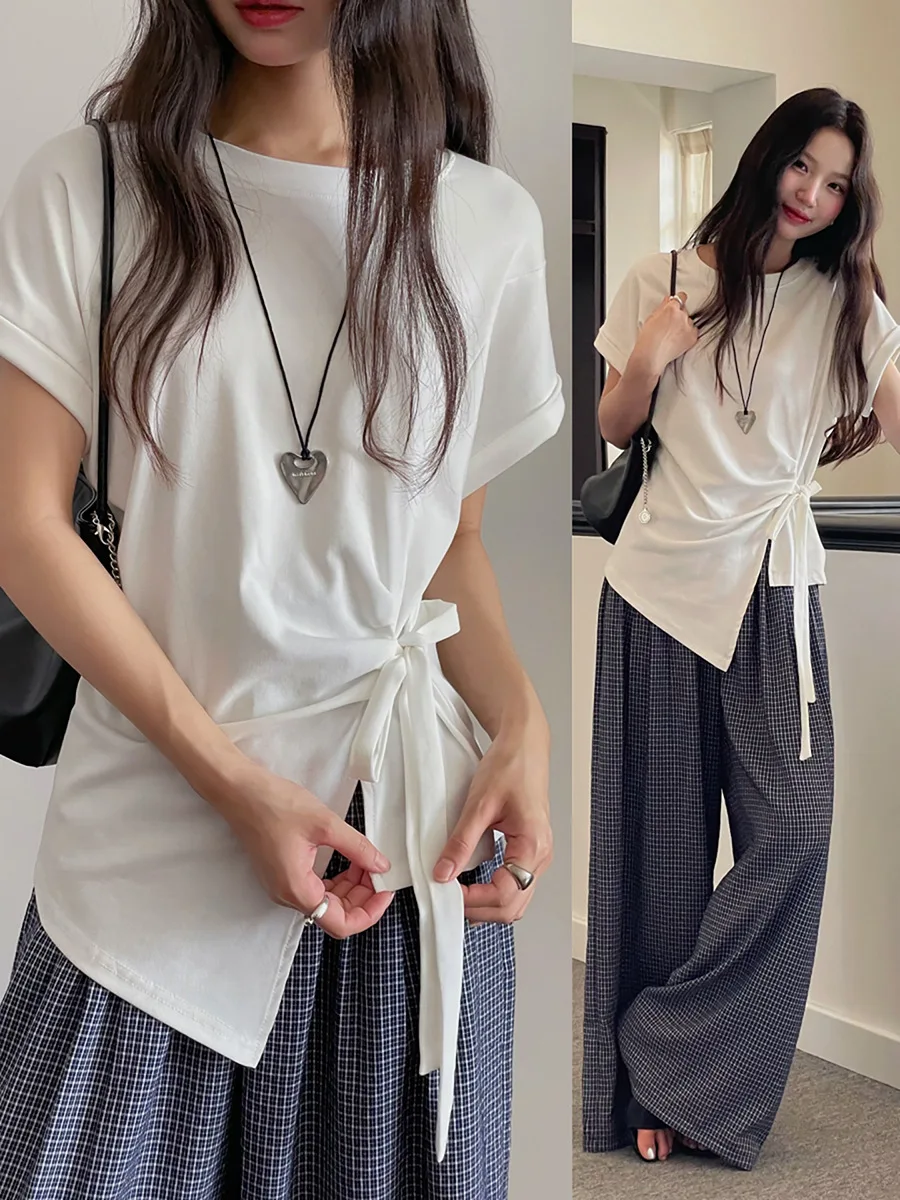 Dames T-shirt in Franse stijl met stropdas in de taille Zomer Casual top met korte mouwen en riemdetail Comfortabel katoenmix Basic T-shirt