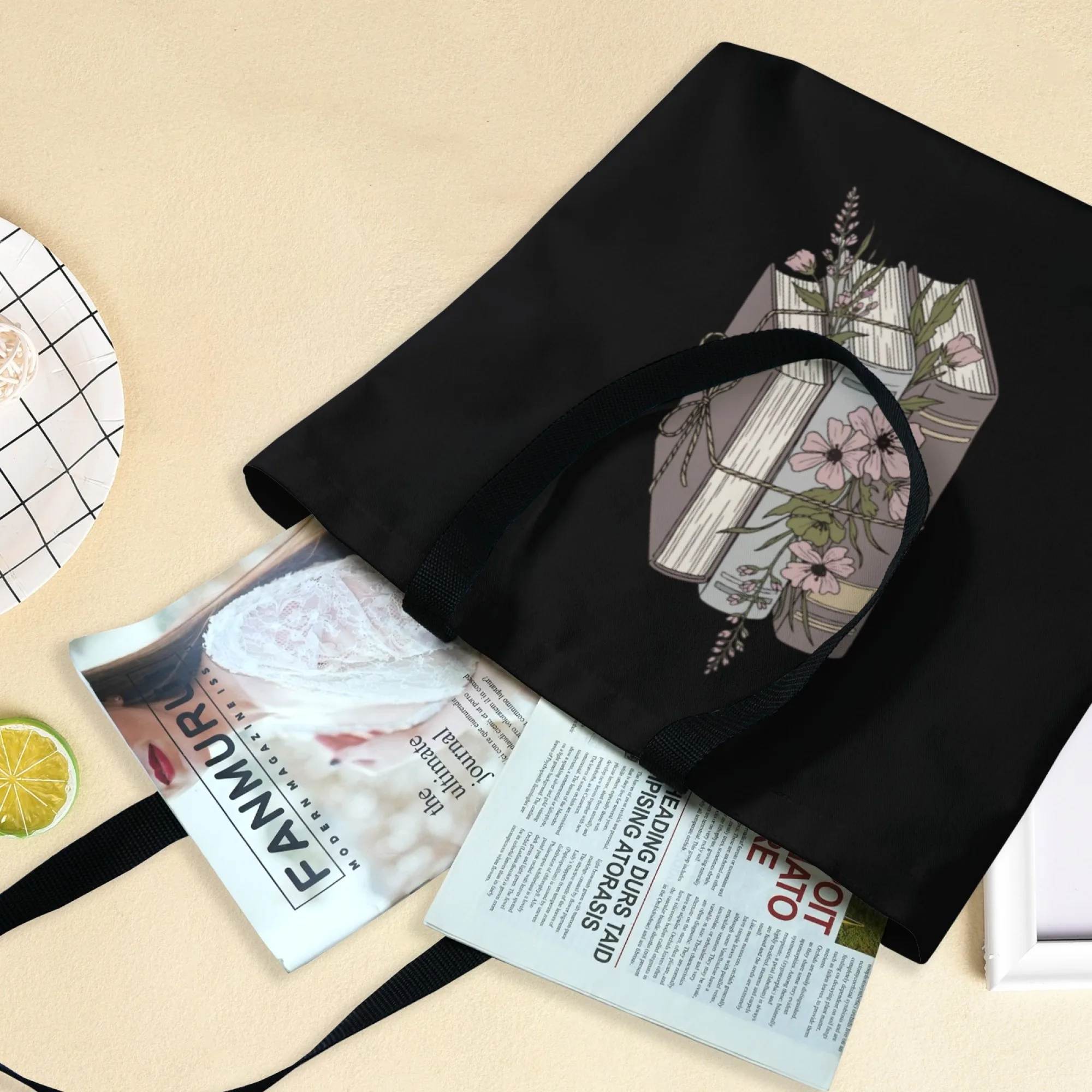 حقيبة كتف قماشية سوداء أدبية للكتاب وحقيبة كتف بتصميم زهور للنساء حقيبة تسوق صديقة للبيئة لزيارات مكتبة الكتب المدرسية وغير الرسمية #6