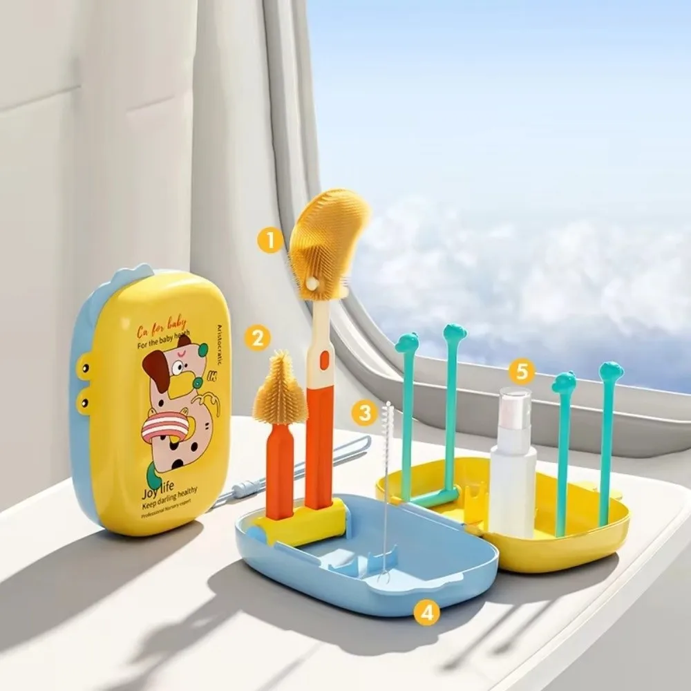 

5-in-1 Baby Bottle Brush Set Built-in Drain Rack Drying Rack Bottle Cleaner Brush Portable Space Saving Cup Brush