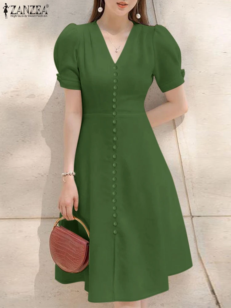 

Women Summer Solid OL Work Dress ZANZEA 2025 Elegant Party Sundress Stylish V Neck Short Sleeve Midi Dresses Vestidos Sarafans