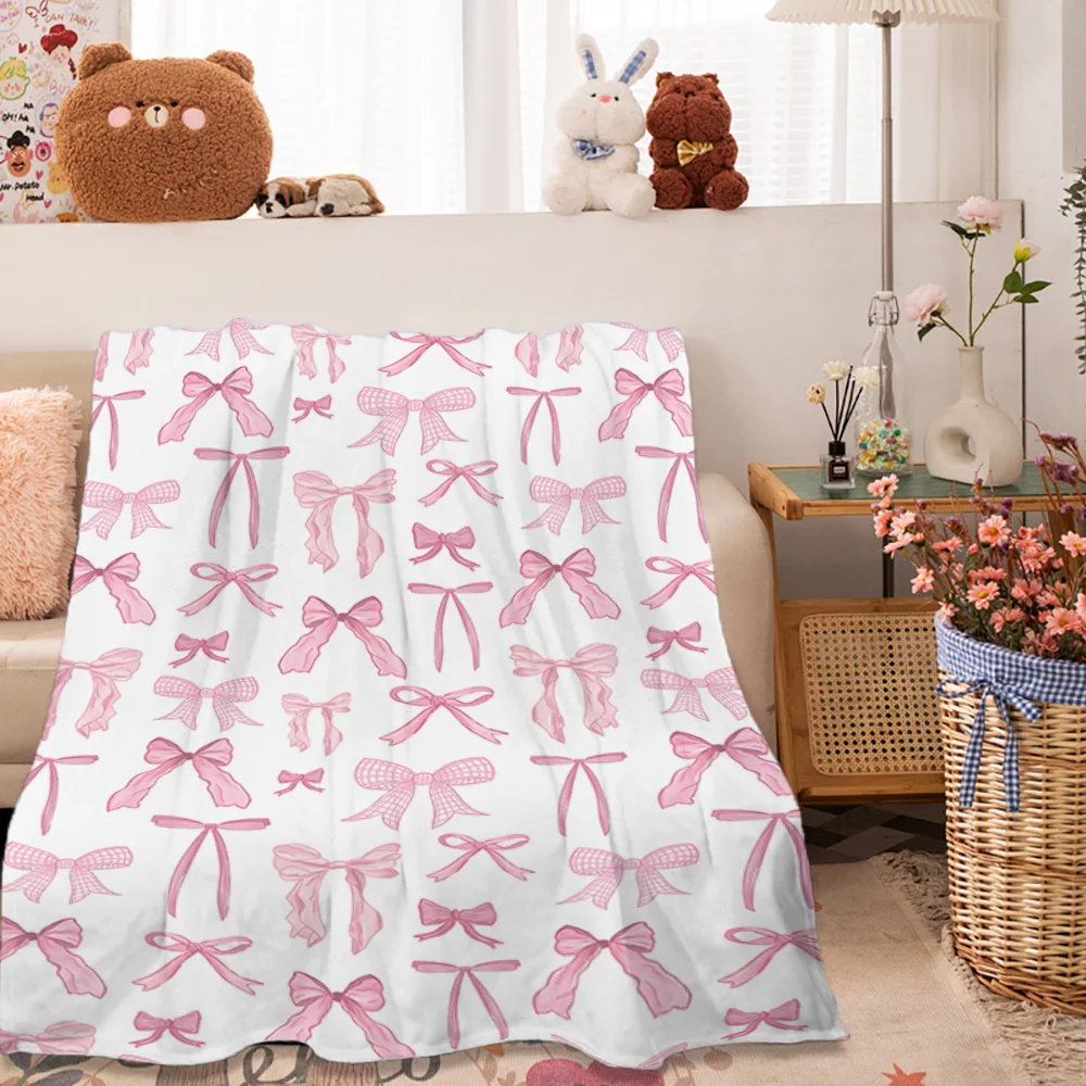 Pink Bow Fuzzy Blanket Cute Bowknot Throw Blanket Bowtie Cozy Flannel Blanket for Valentine's Day Home Bed Sofa Couch Chair