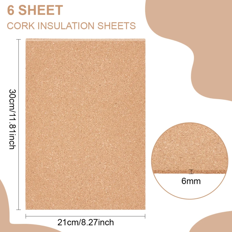 6PCS Cork Sheet Sandy Brown Cork Board Insulated Cork Coasters for Kitchen Hot Pads Coasters and Announcement Backdrops