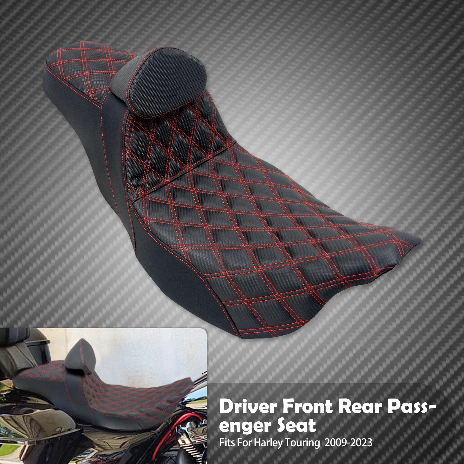 Motorfiets 2-Up Seat Met Driver Rugleuning Kussens Rooster Stitch Voor Achterbank Voor Harley Touring Electra Glide FLHR 2009-23