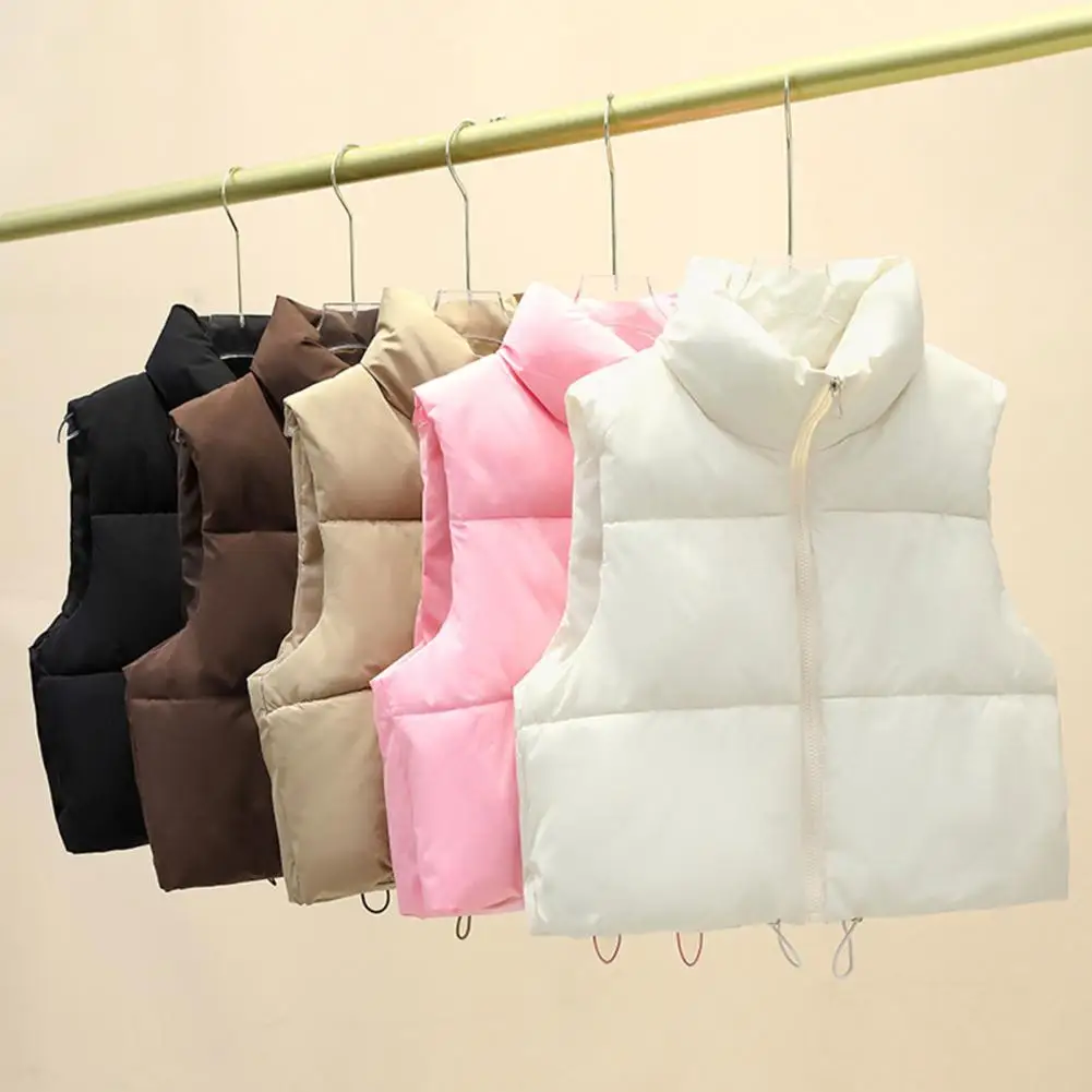 Autumn And Winter Women's Short Cotton Down Vest Short Stand-up Collar Warm Sleeveless Quilted Vest Outdoor Travel Jacket Tops