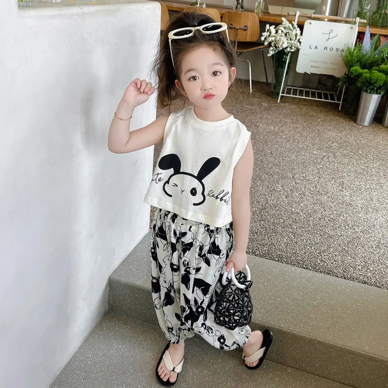 2024 Summer Primary and Secondary School Girls Letter Vest+Printed Rabbit Pants 2pcs Set Baby Personalized Clothing Princess Set