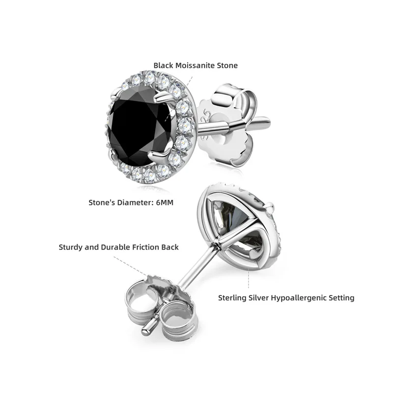 

plata 925 Black Round Halo Moissanite Stud Earrings for Women Men Original Luxury Jewelry With Certificate earrings woman