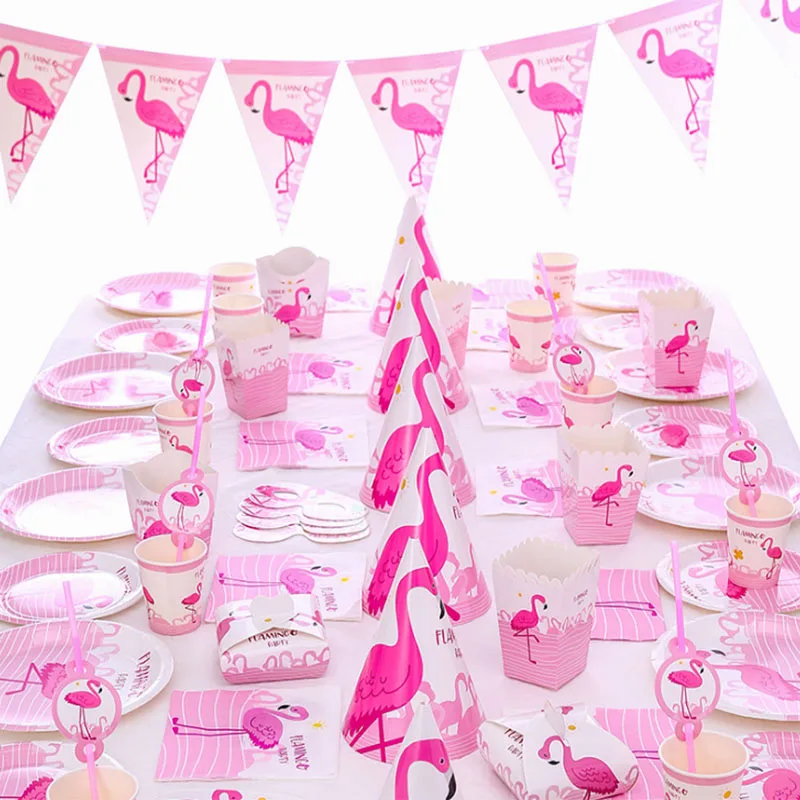 Pink Flamingo Disposable Tableware Set Paper Plate Napkin Kids Birthday Party Decoration Flamingo Themed Holiday Party Supplies