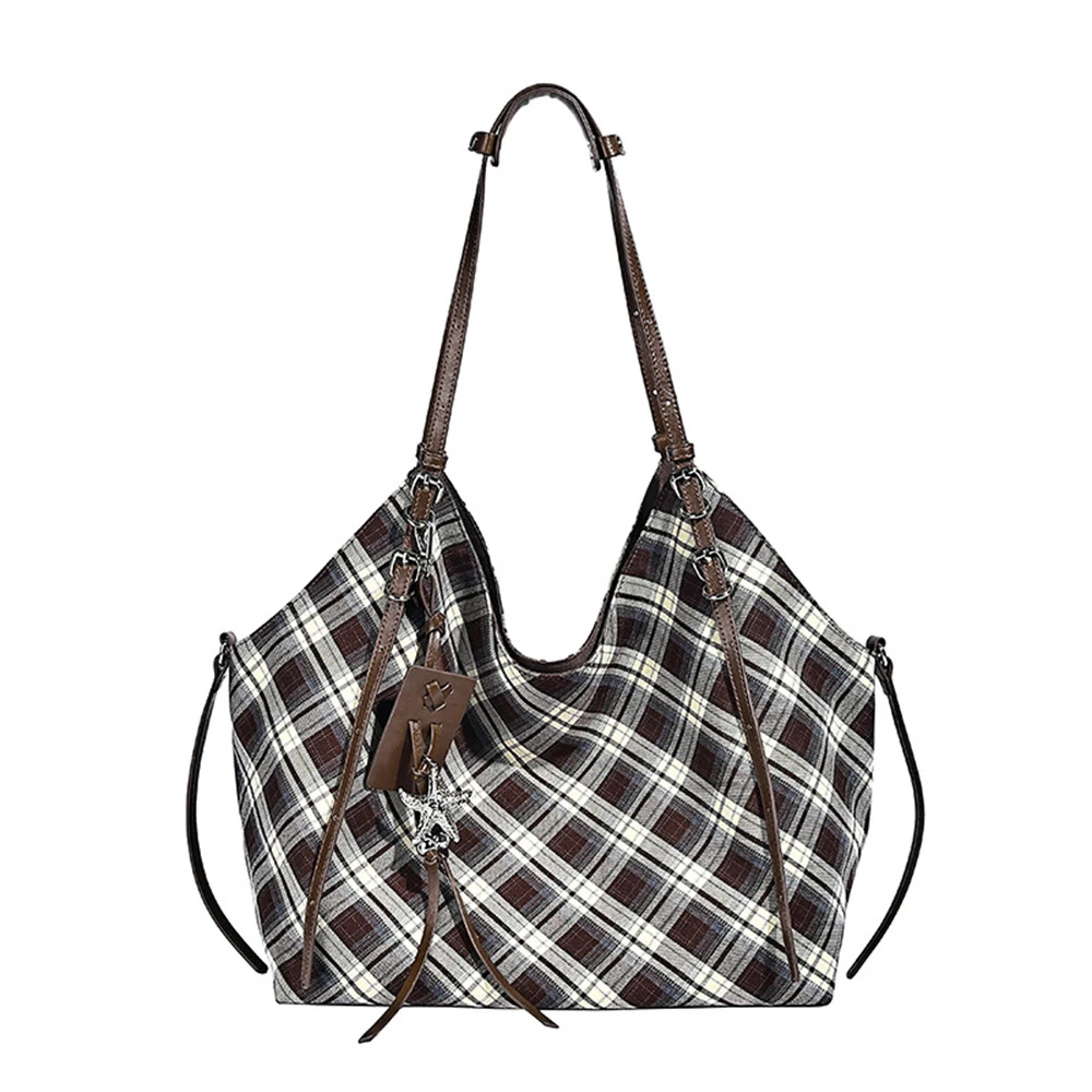 Checker Pattern Large Capacity Tote Bag Contrast Color Design Casual Shoulder Bag Vintage Style Hand Carry Purse for Women Use