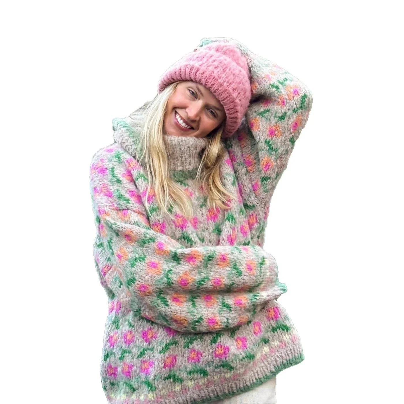 High Neck Loose Floral Knit Sweater Thick Long Sleeve Warm Pullover For Women Cozy Autumn Winter Office Home Layering Holiday