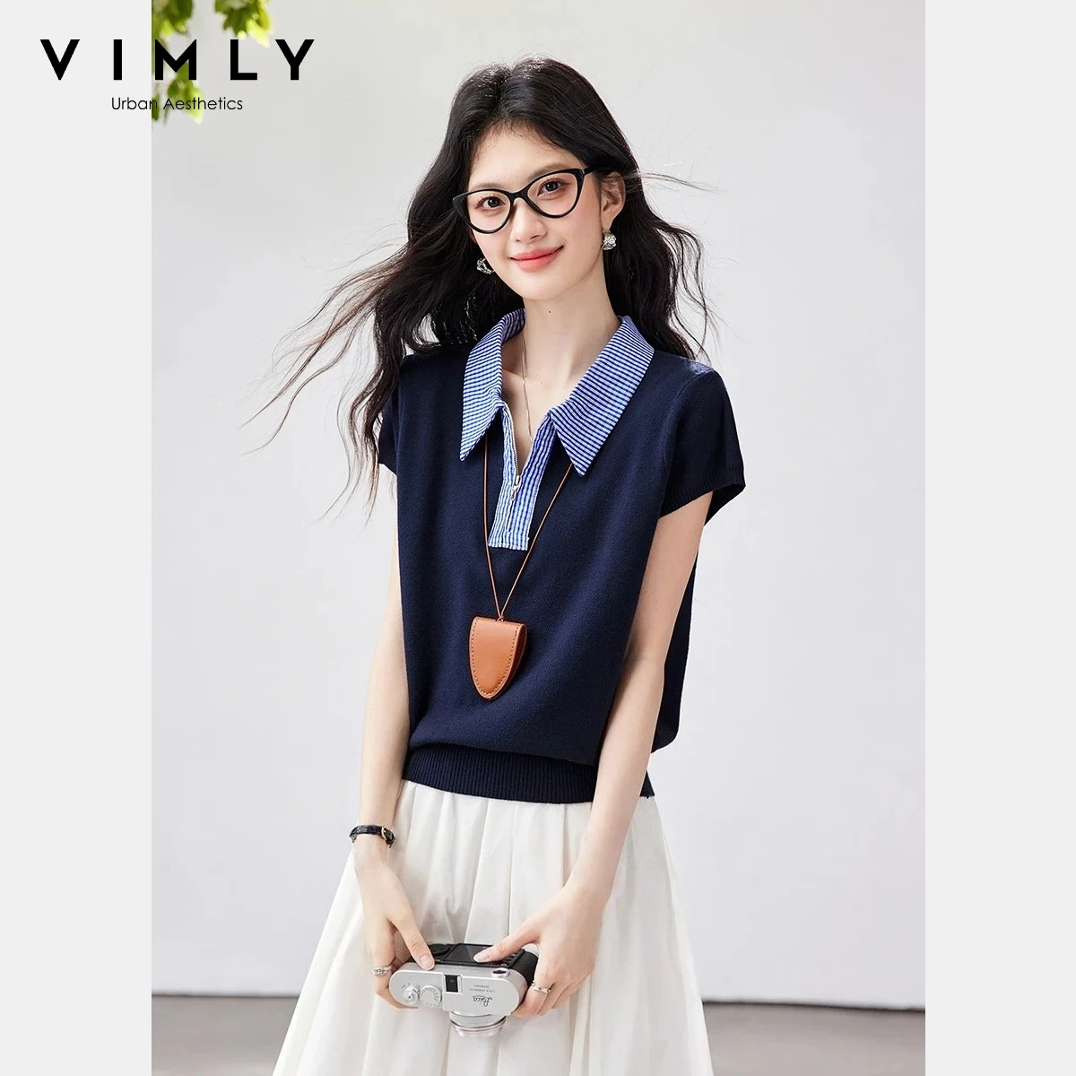 VIMLY Plaid Lapel Collar Top Women 2026 Summer New Casual Office Contrast Color Patch Fake Two-Piece Short Sleeve T-shirt 30903
