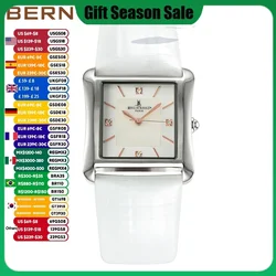 BERNY-Reloj de pulsera de cuarzo cuadrado para mujer, correa de cuero genuino, resistente al agua, esfera de piedras preciosas, patrón de concha