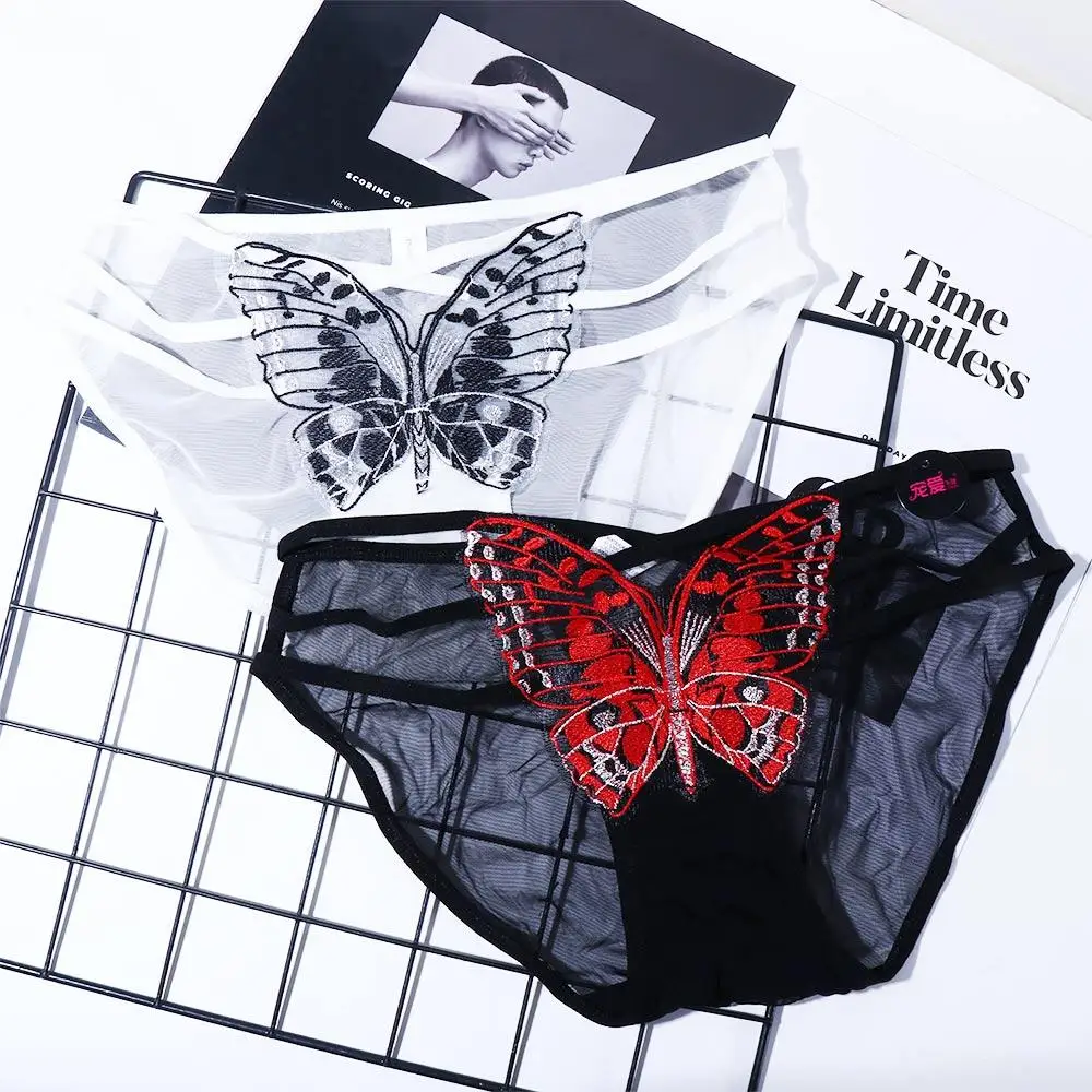 Breathable Elastic Thin Belt Peach Hip Mesh Cross Lace Briefs Butterfly Embroidery Panties Hollow Women Intimates