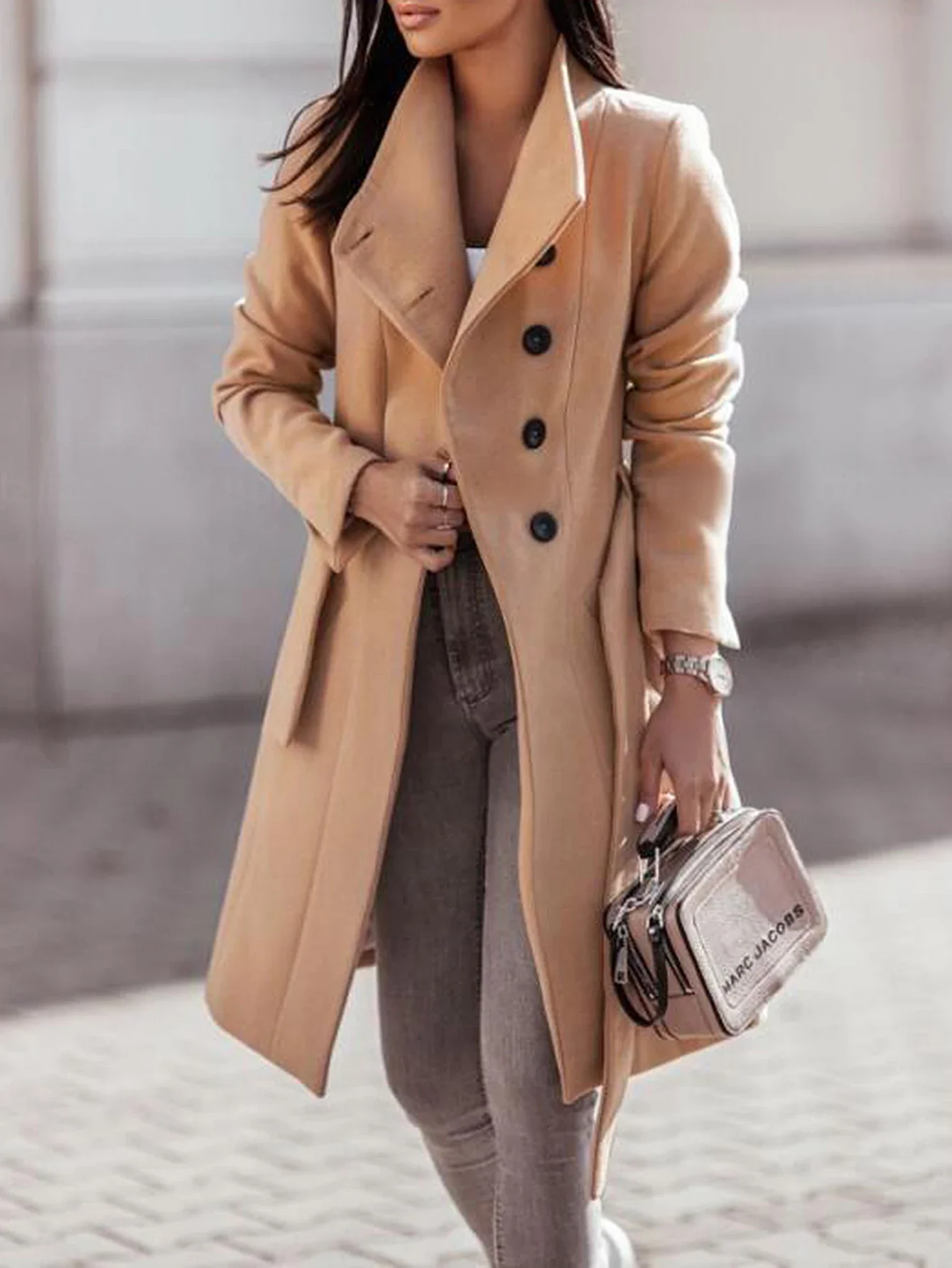 

Women's Coats Autumn Winter Daily Decent Fashion Plain Single Breasted Button Front Lace-Up Long Sleeve Lapel Casual Long Coats