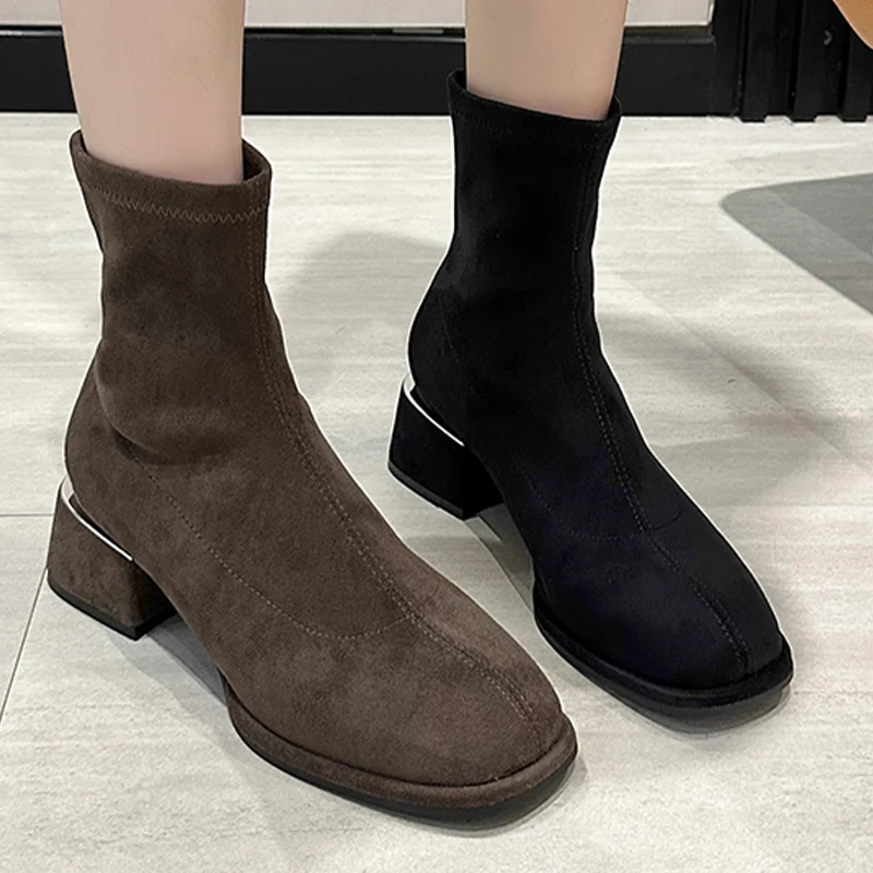 Suede Women Snow Ankle Boots Mid Heels Winter Shoes Chunky Designer Classic Chelsea Boots 2024 Trend Gladiator Zapatillas Mujer