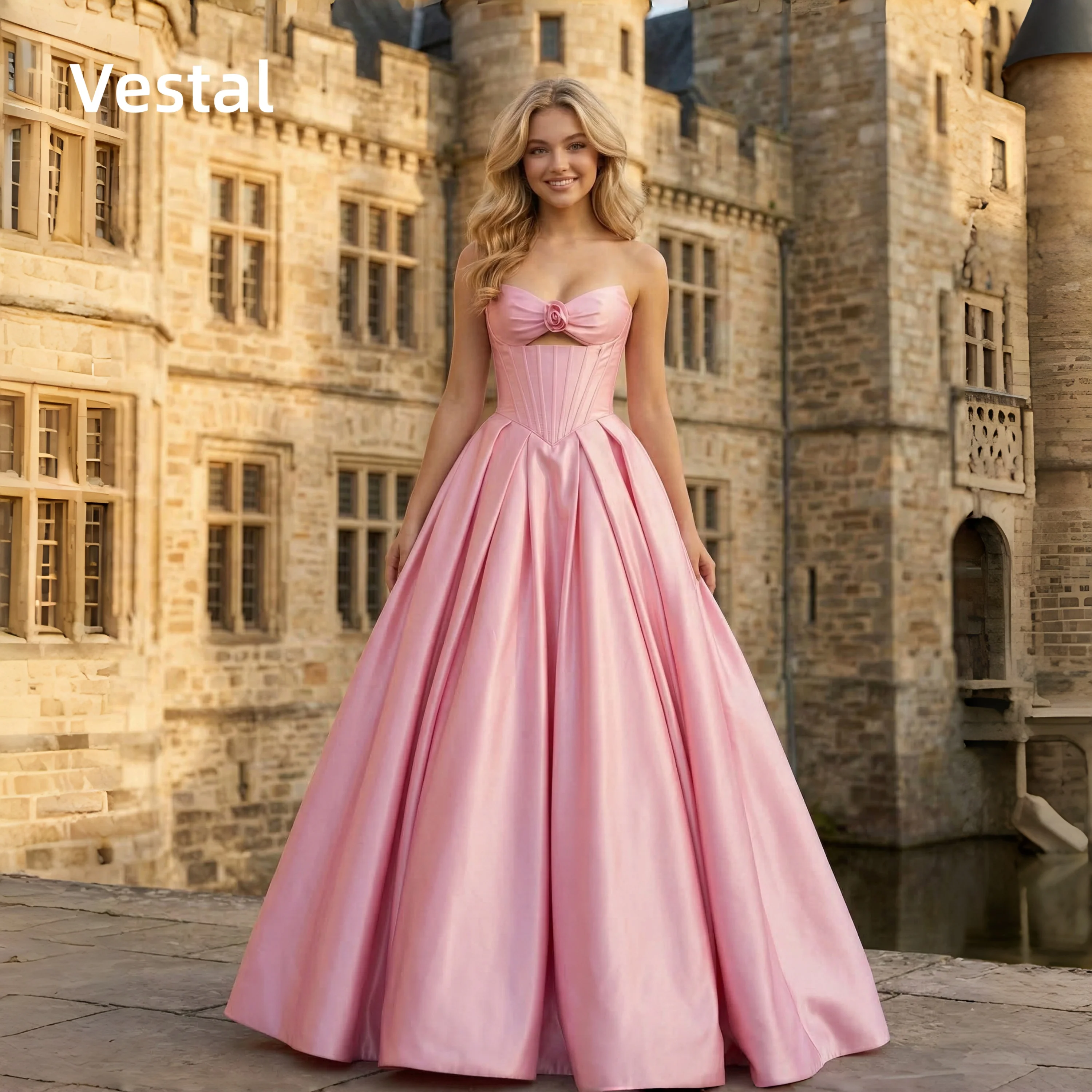 

Sweetheart Pink Satin Prom Dress Ball Gown with Floral Classic Floor-Length Evening Dress Customizedl