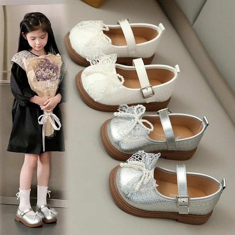 

Princess Girls Leather Shoes with Shiny Beaded Bow 2026 New Spring Toddler Dress Shoes Soft Sole Chic Elegant Girls Ballet Flats