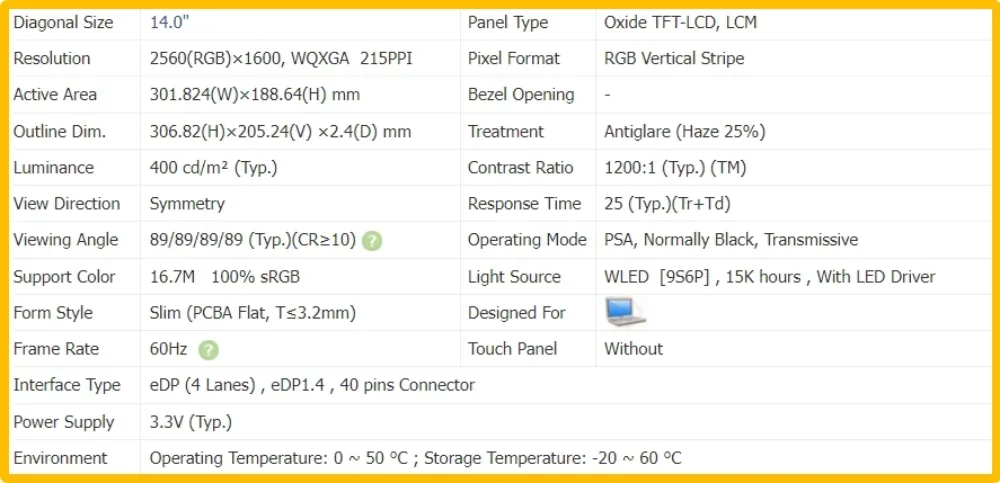 LM140GF2L01 14 inch Laptop Display LCD Screen No-touch Slim IPS Panel QHD 2560x1600 EDP 40pins 60Hz