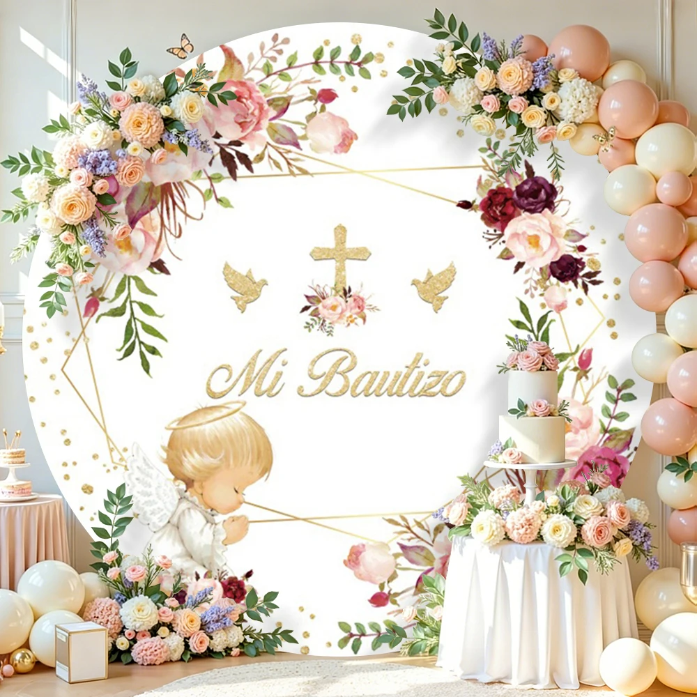 Custom God Bless Baptism Cross Round Cover Backdrop My First Holy Communion Mi Baptism Baby Shower Photography Background Studio