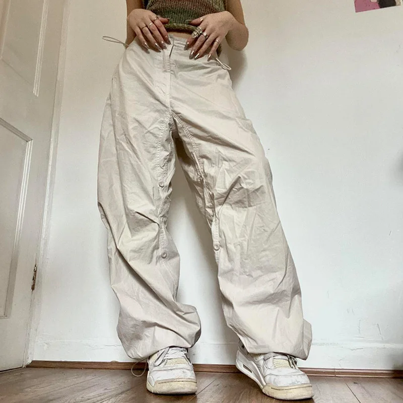 

Puloru Casual Loose Cargo Trousers Street Style Women High Elastic Waist Baggy Sweatpants Solid Color Punk Grunge Bottoms