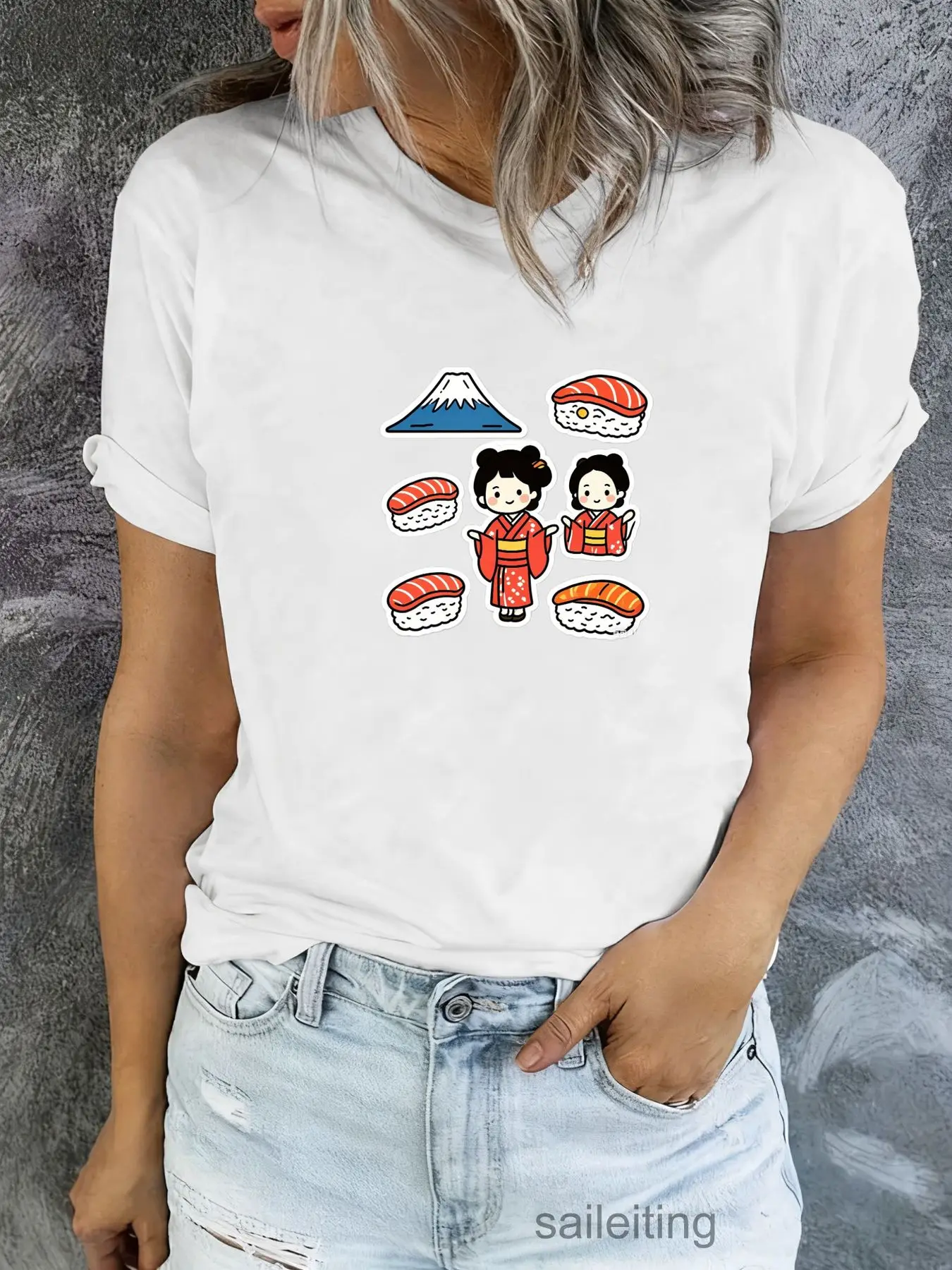 Cute Japanese Sushi Mount Fuji T-Shirt for Women Men, Anime Kawaii Kimono Food Graphic Tee, Soft Summer Casual Short Sleeve S
