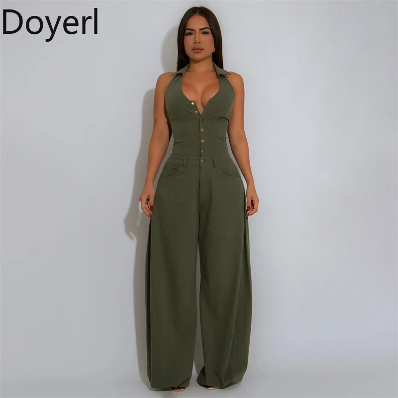 Doyerl Front Single-breasted Button Rompers Women Jumpsuit Elegant Halter Backless V-neck Club Party Wide Leg Overalls Birthday
