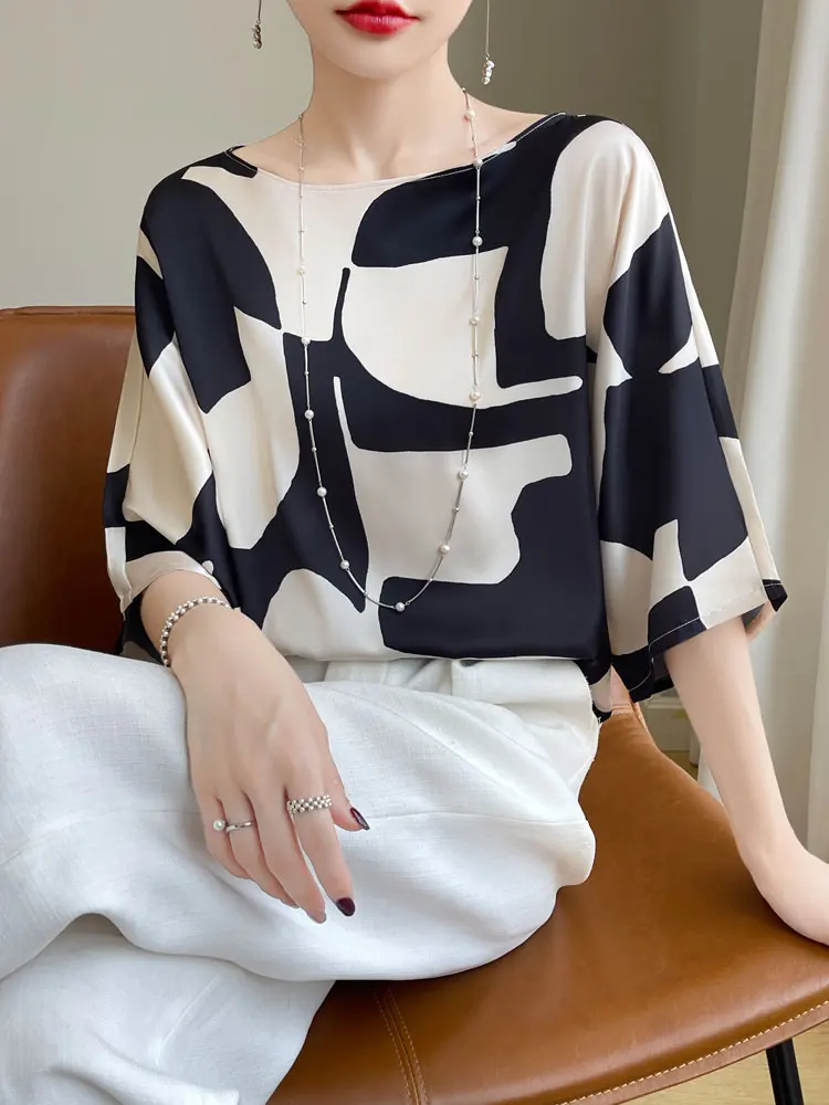 Summer Artificial Silk Satin Tee Blouse Women Slash Neck Thin Smooth Drop Shoulder T-shirt Silky Half Sleeve Loose Shirt Tops Za