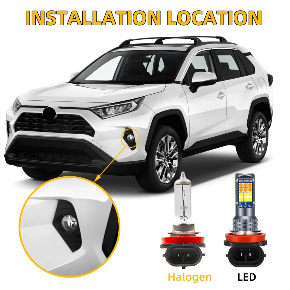 2Pcs LED Front Fog Lamp Bulbs For Toyota RAV4 RAV 4 2006-2018 2019 2020 2021 White 6000K Double Colors Driving Light Canbus