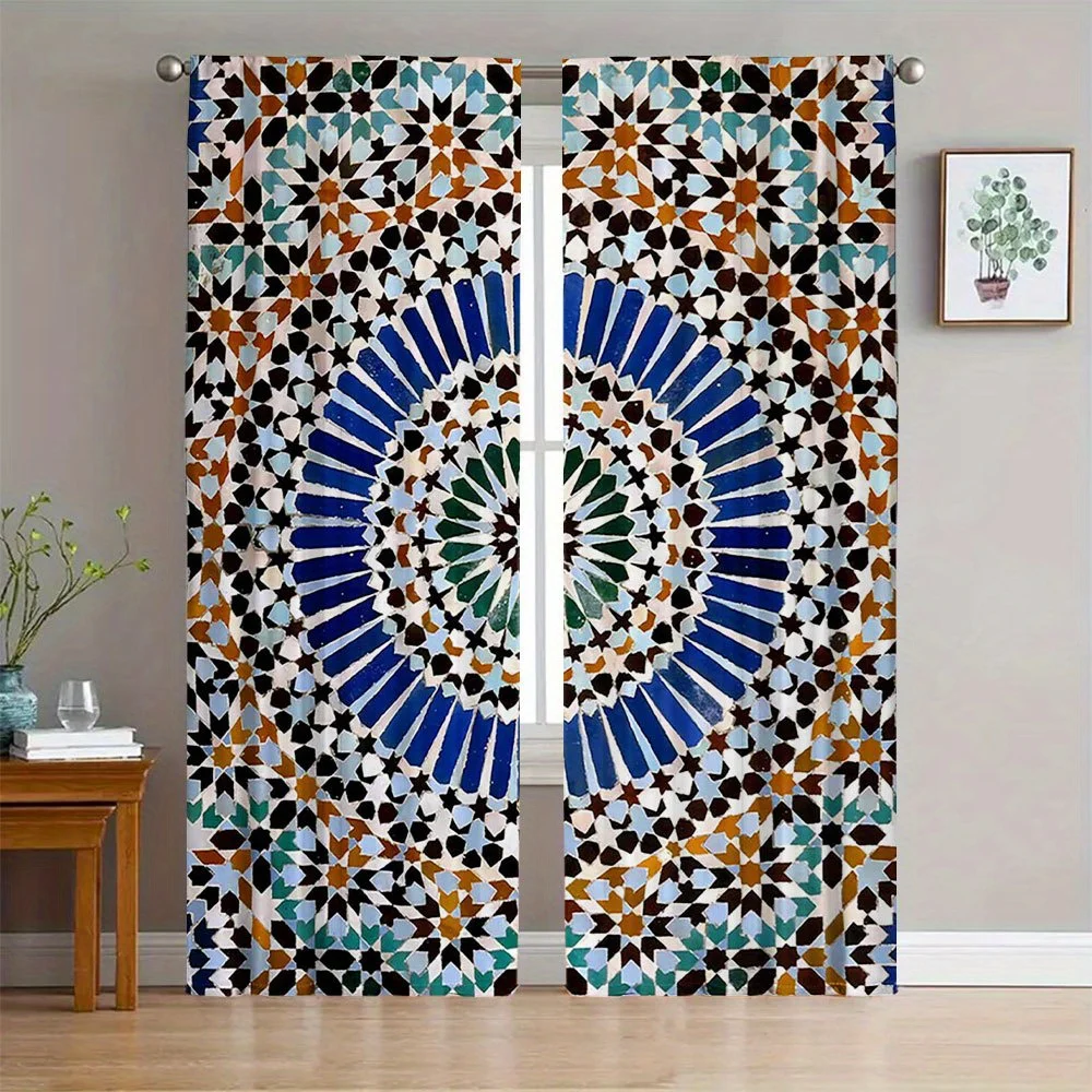 2pc Boho Chic Moroccan Mandala Geometric Curtain Pair Drapes Window Filtering Boho Ethnic Tapestry Room Decor