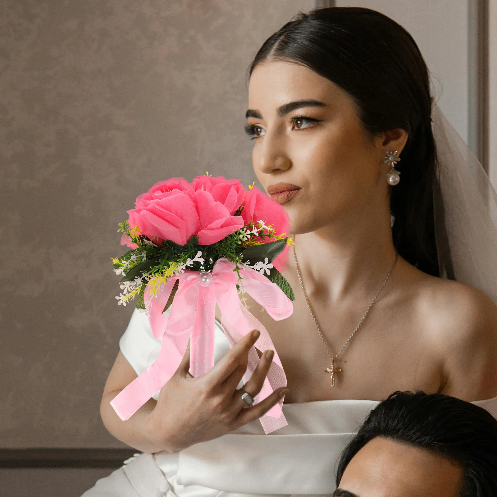 

Artificial Flowers Hand Bouquet Wedding Bride Bridesmaid Centerpiece Small Size Touch Rose Ribbon Elegant Design