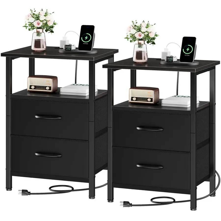 

Прикроватная тумбочка, комплект из 2 штук с зарядной станцией, прикроватный столик с розеткой и USB-портами, черная прикроватная тумбочка с тканевыми ящиками, 24.2