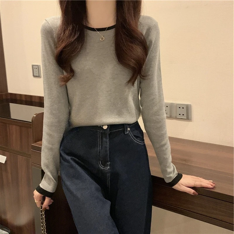 2025 قاعدة تي شيرت المرأة الخريف جديد طويل الأكمام المتخصصة تصميم سليم صالح جولة الرقبة قصيرة رقيقة أعلى #1