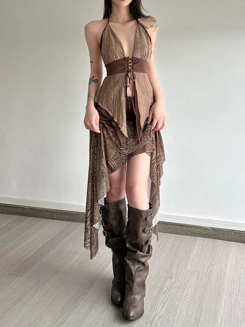 Sisjuly Summer Women's Long Skirt Set Lightweight Sheer V-Neck Strap Design Split Bohemian Style Fashionable Two-Piece Outfit view 3