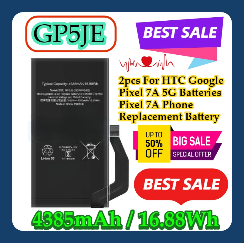 

2 шт. для HTC Google Pixel 7A 5G аккумуляторы 4385 мАч/1688 Втч GP5JE Pixel 7A сменный аккумулятор для телефона