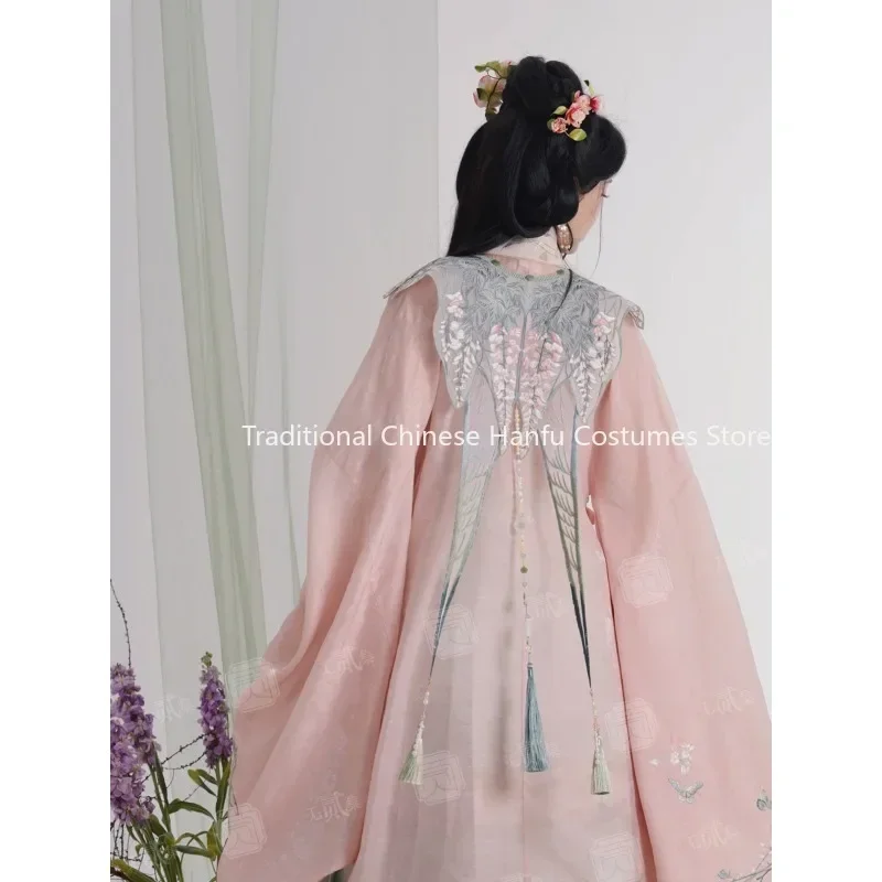 Originele Chinese moderne groene lente opstaande kraag rok vest geborduurde wolk schouderrok orse gezicht rok roze Hanfu