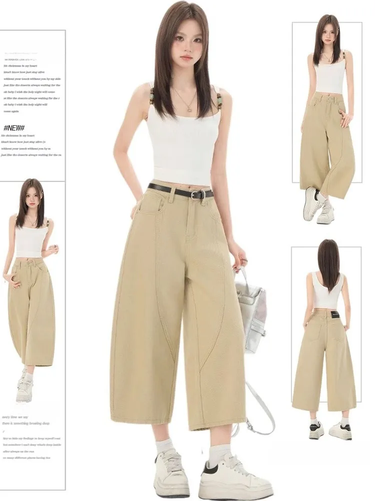 

Джинсы цвета хаки с широкими штанинами, женские джинсы свободного покроя с высокой талией, летние джинсы, устойчивые к ношению для детей 8–48 лет