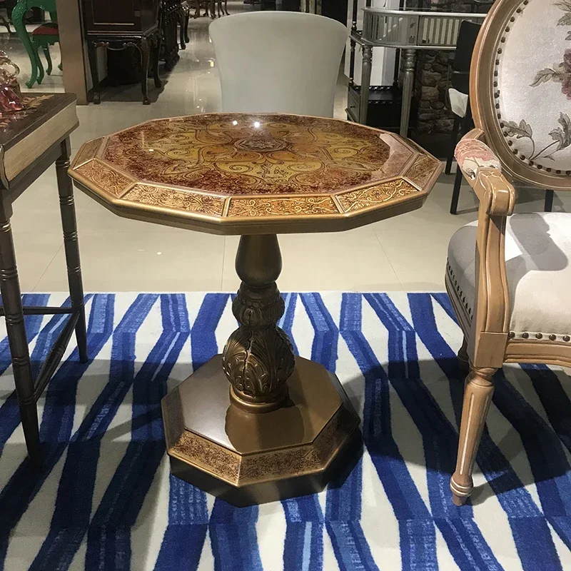 A  A16 American Style Living Room Coffee Table Sofa Edge round Tea Table Vintage Stained Glass  Side Table