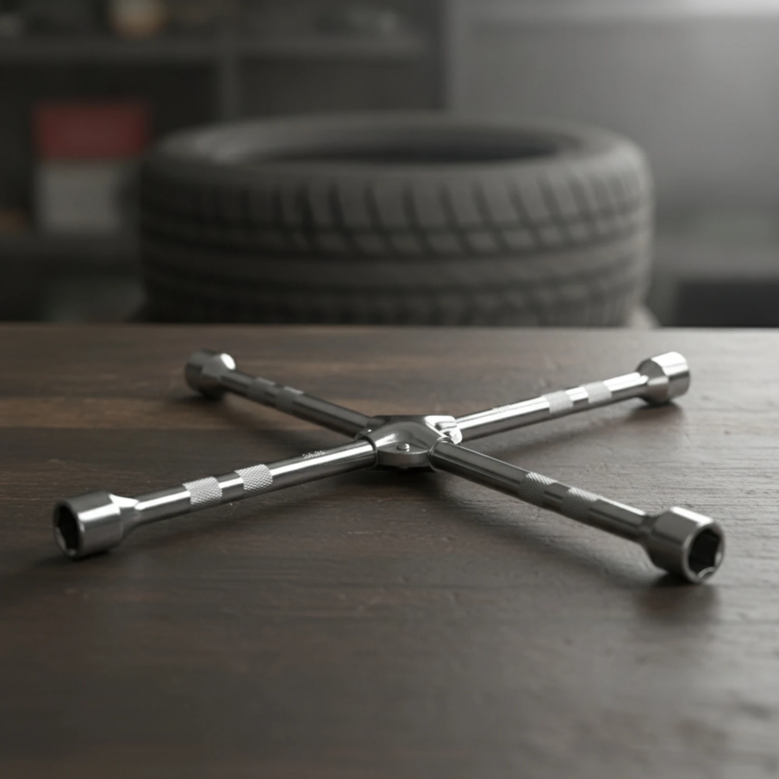 Quadruple Lug Wrench Anti-Slip Cross Tire Wrench Tool Polished Silver Portable for Drivers, Roadside Emergency, Garage
