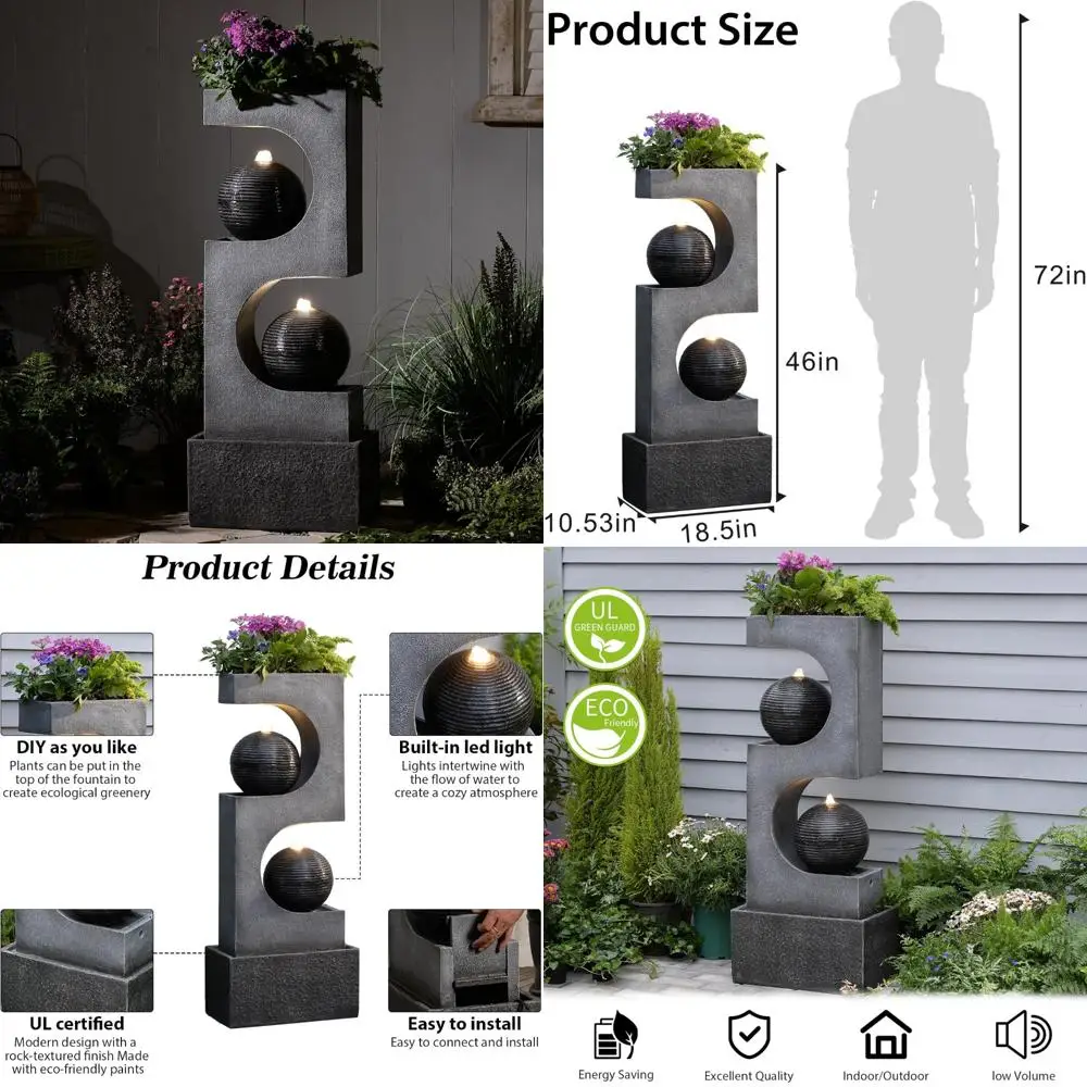 

Современный сферический уличный фонтан со светодиодной подсветкой, высота 46 дюймов, подходит для сада, патио, двора и декора террасы