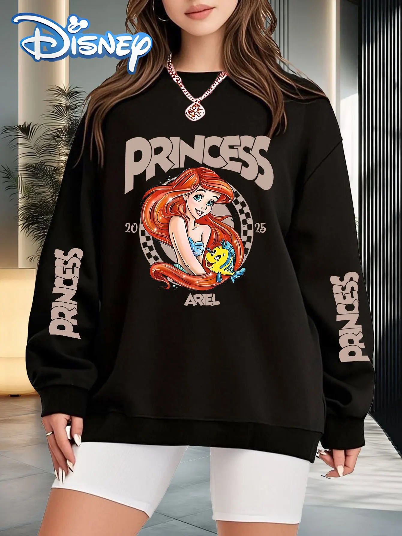 Disney Princess for Ariel Flounder Graphic Print Women's Oversized Sweatshirt Vibrant Pink Casual Round Neck Pullover