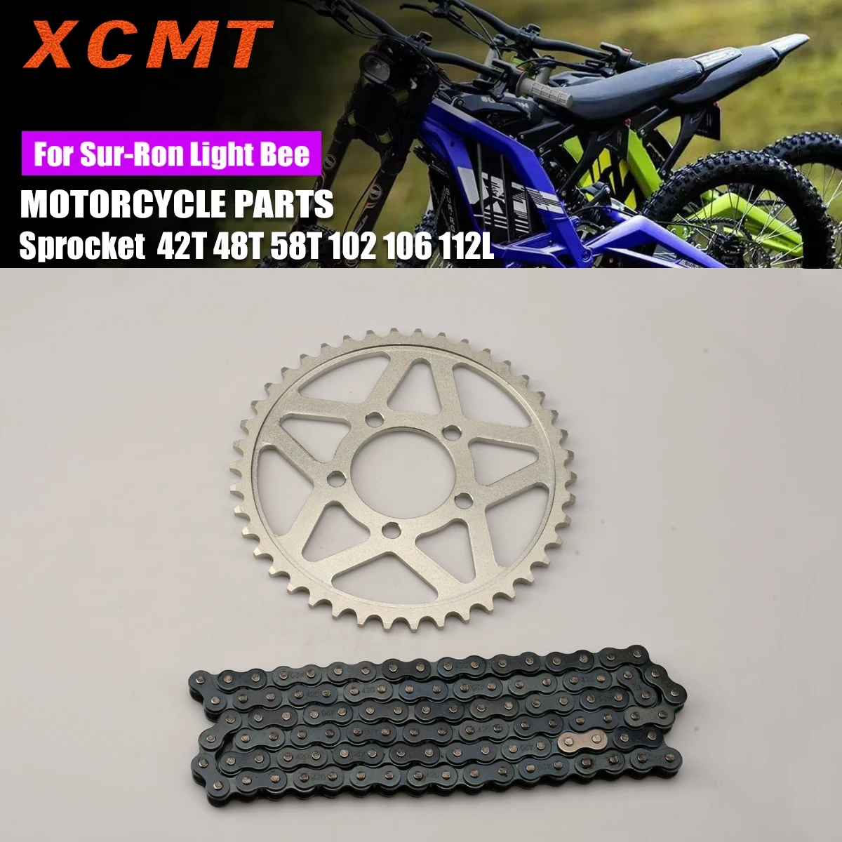 Electric Motorcycle Rear Sprocket Teeth 42T 48T 58T Chain 102L 106L 112L For Sur-Ron Surron Light Bee & Light Bee X