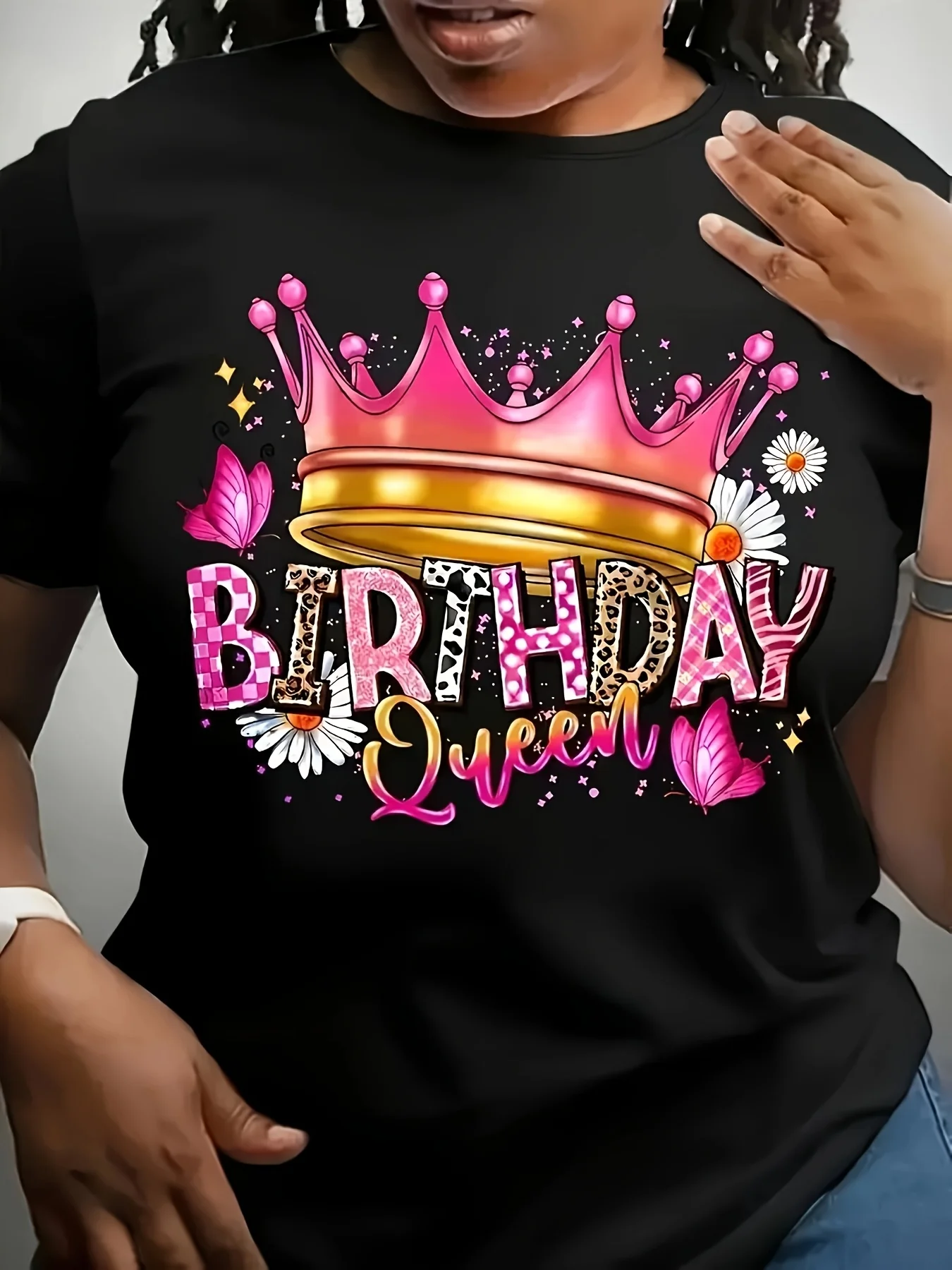 

Plus - Size Women's Black Short - Sleeve T - shirt, “Birthday Queen” & Crown Print, Birthday - Inspired & Festive