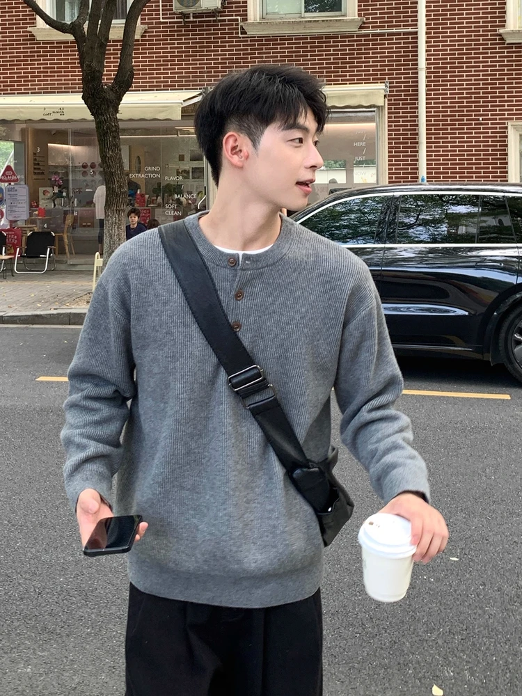 

Мужской свитер оверсайз с воротником Хенри, утепленный, свободного кроя, осенне-зимний, новинка, премиум-класса